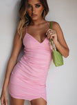 front view of model wearing Princess Polly Ariana Mini Dress Pink Petite Plunger 