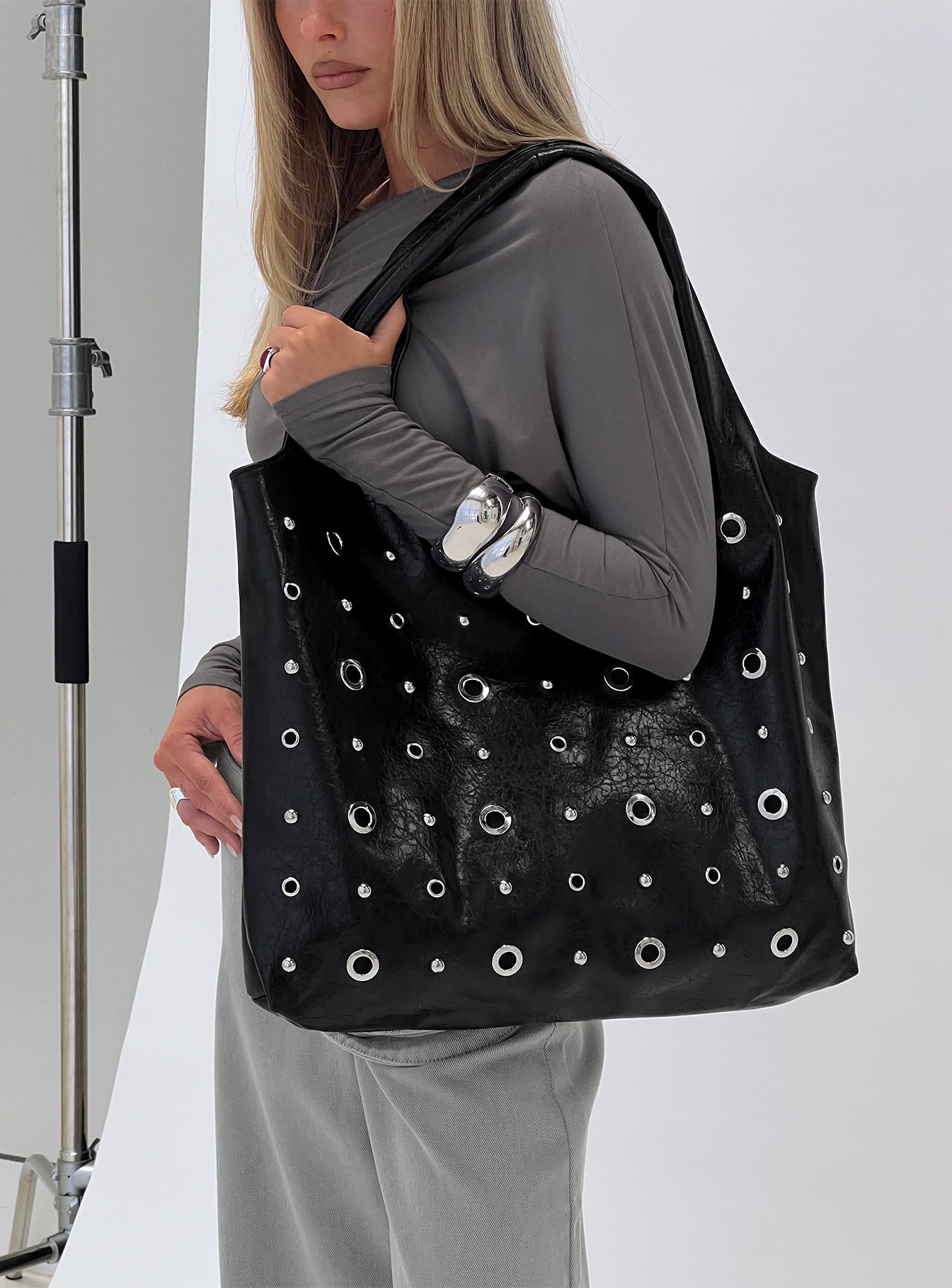 Find Your Love Eyelet Detail Shoulder Bag Black