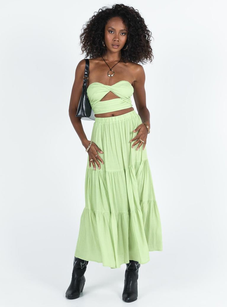 Green matching set Crop top Removable shoulder straps  Inner silicone strip at bust  Twisted bust  Shirred back  Zip fastening  High waisted midi skirt  Elasticated waistband  Layered design 