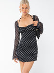 Mini dress Wired cups Halter neck tie fastening Sheer mesh sleeves Polka dot print Invisible zip fastening at back Side slit