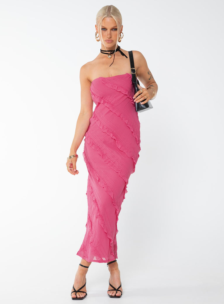 Strapless maxi dress, frill detail throughout Inner silicone strip at bust, invisible zip fastening at side