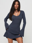 front view of model wearing Princess Polly Liberte Ribbed Long Sleeve Mini Dress Charcoal V-Neck 