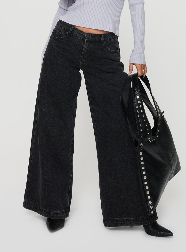 Ribbon Stamp Wide Leg Jeans Washed Black