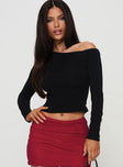 front view of model wearing Princess Polly Malian Long Sleeve Top Black Full Sleeves Asymmetric Neckline 