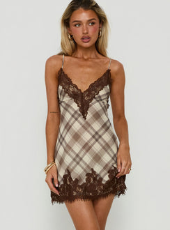Call My Lover Lace Slip Mini Dress Brown Check