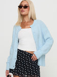 front view of model wearing Princess Polly Coronado Boucle Knit Cardigan Blue Long 