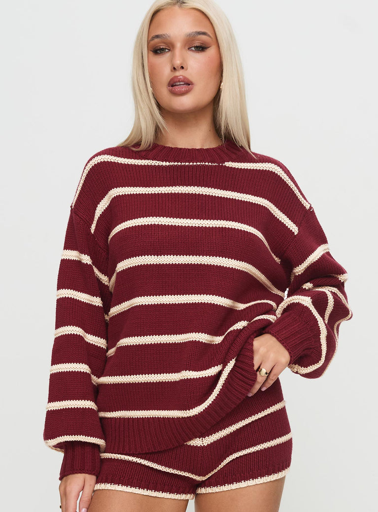 front view of model wearing Princess Polly Read Your Mind Knit Sweater Maroon Stripe 