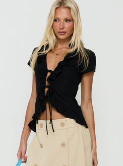 Raylynn Frill Detail Short Sleeve Collared Top Black