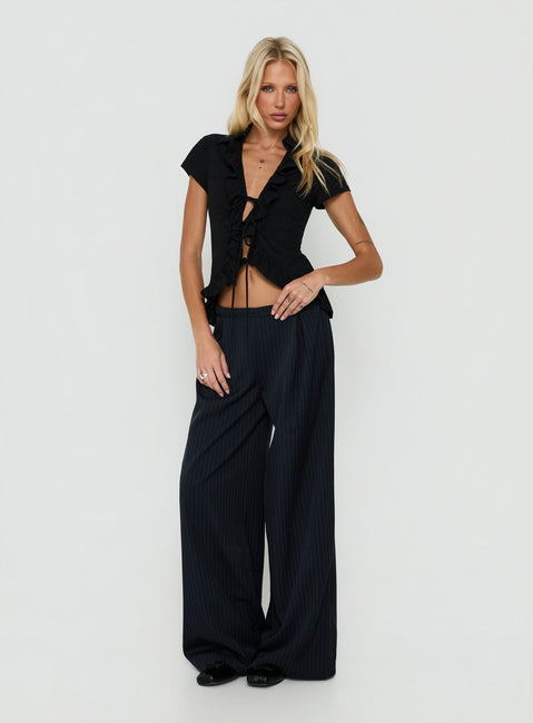 Yuzima Micro Belt Pleated Pants Navy Pinstripe
