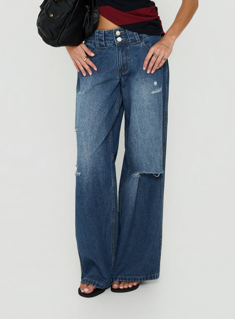 Ramos Low Rise Double Button Distressed Wide Leg Jeans Mid Blue