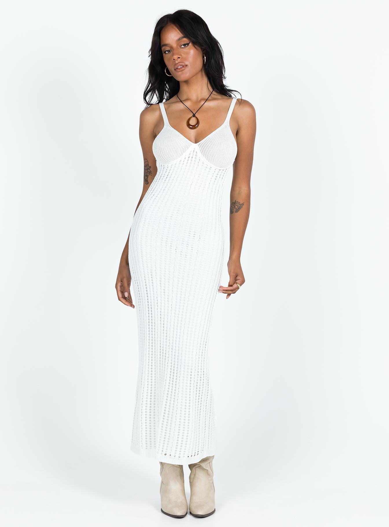 Front view of model wearing  front Princess Polly Asymmetric Neckline  Francie Knit Midi Dress White