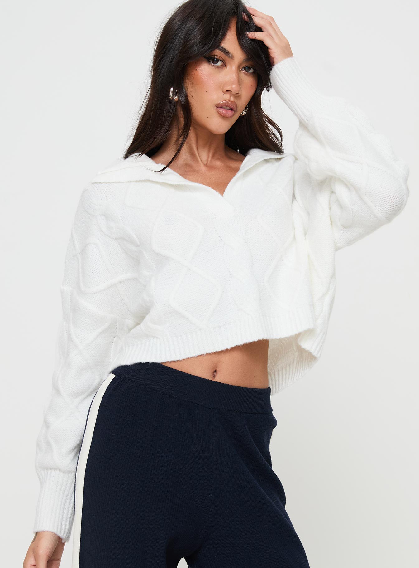 Ruthee Cable Knit Sweater Winter White Princess Polly  Cropped 