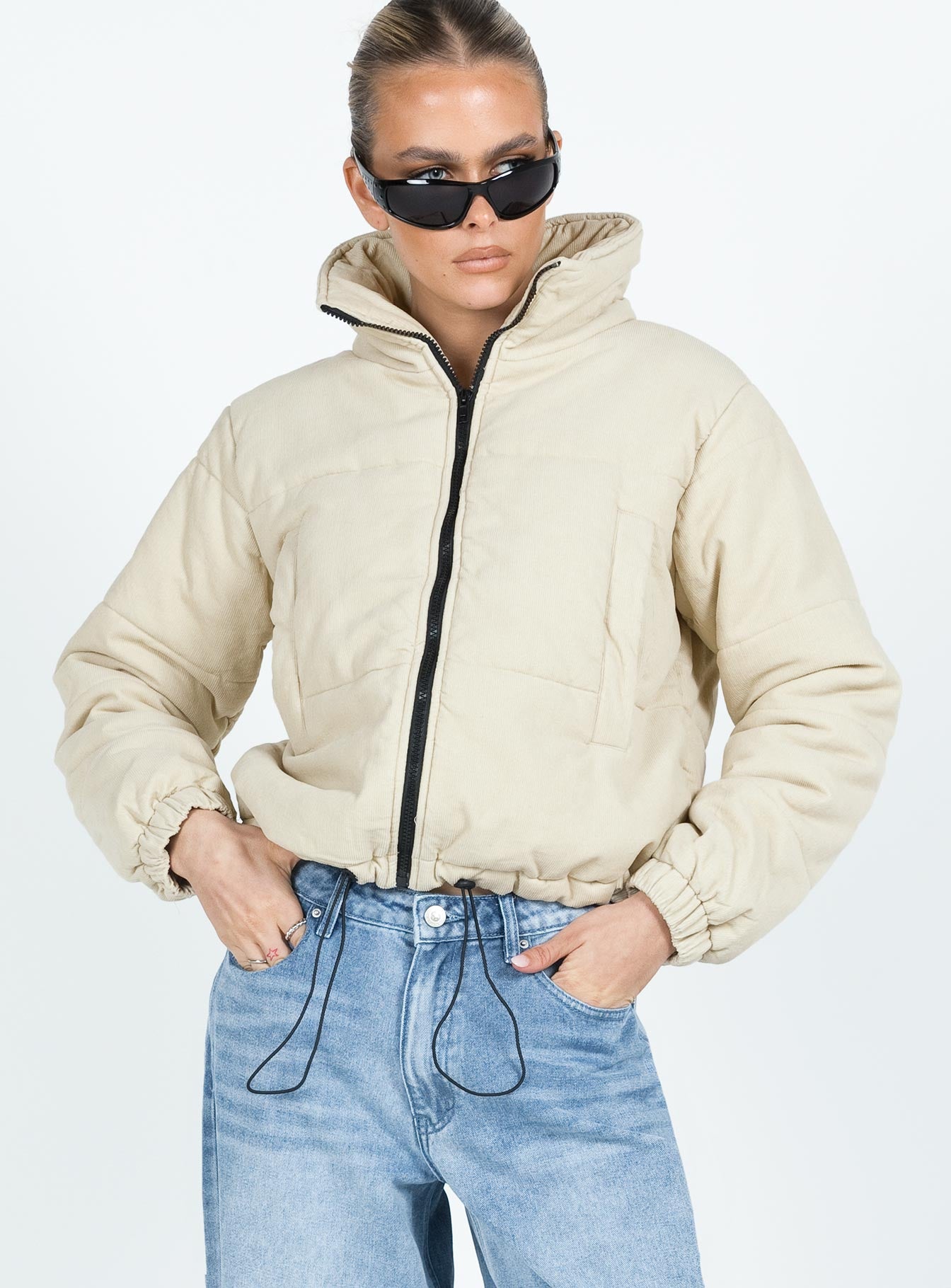 Beige puffer best sale jacket with hood