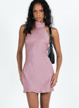 Mini dress Silky material Halter neck with button fastening Low back Lace up fastening at back