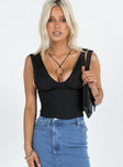 Corset top Plunging neckline Fixed shoulder straps Ruching at bust Boning through waist Invisible zip fastening at back
