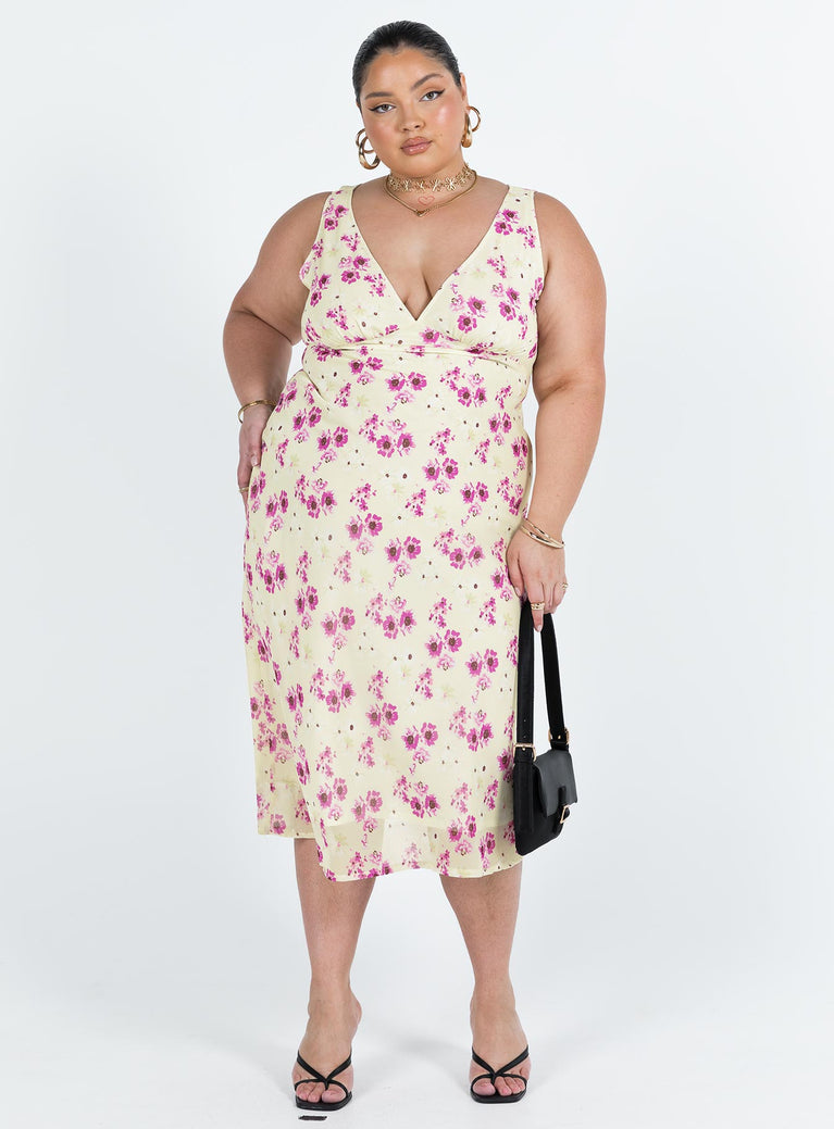 Princess Polly Plunger  Nellie Midi Dress Yellow Floral Curve