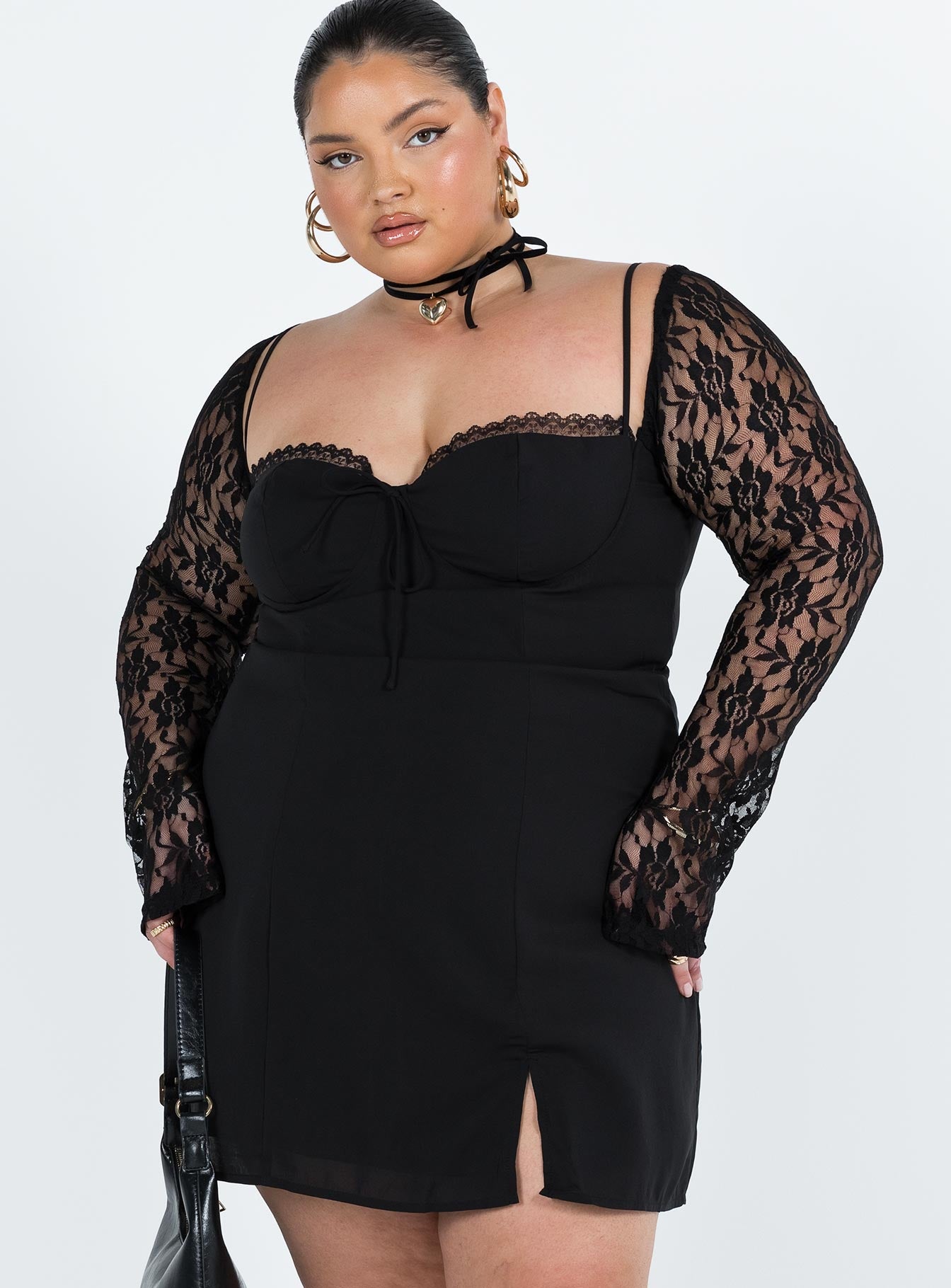 Ashwood Lace Sleeve Mini Dress Black Curve | Princess Polly