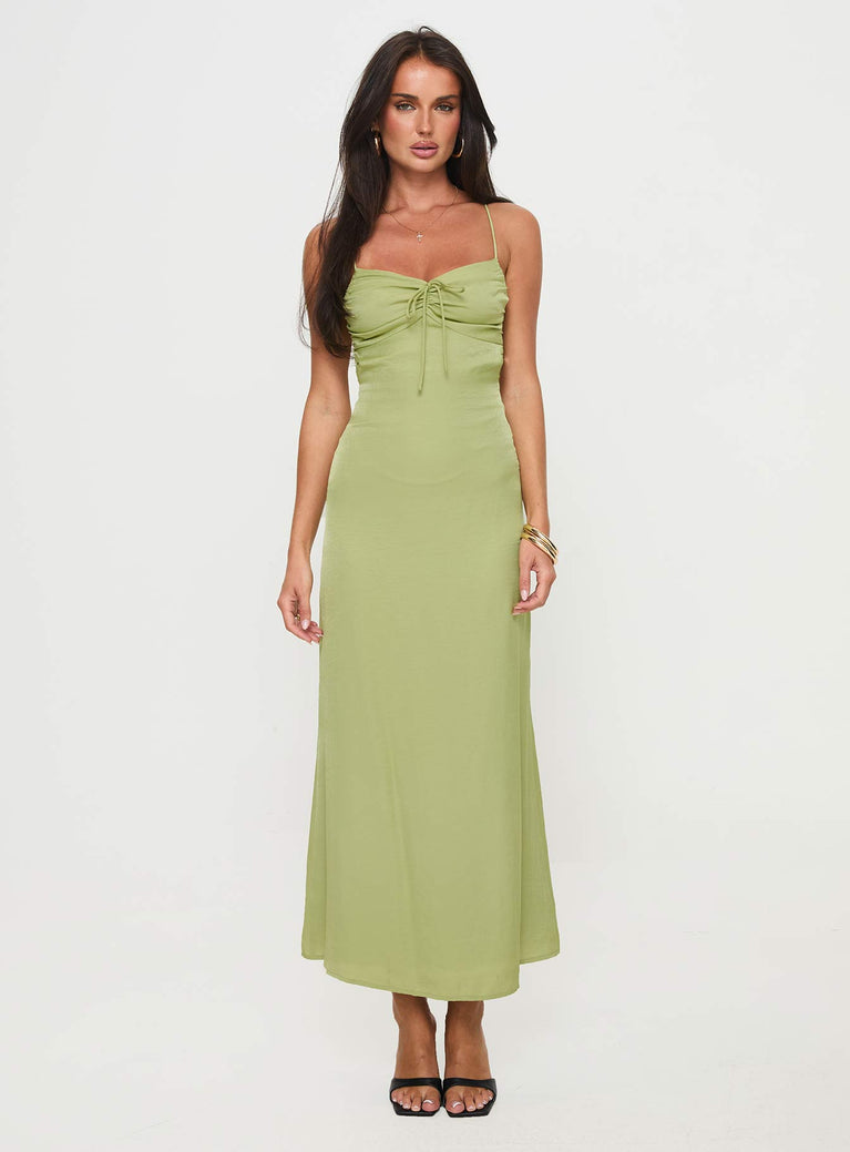 side view of model wearing Princess Polly Kristyn Maxi Dress Green Sweetheart Neckline 