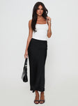   side view of model wearing Princess Polly Haley Maxi Skirt Black Maxi 