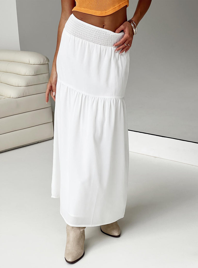 White maxi skirt Shirred waistband Tiered design