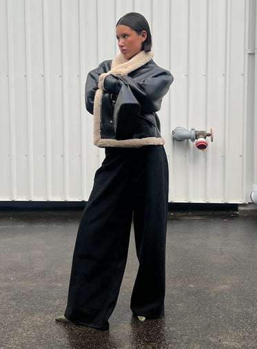 Naylor Mid Rise Wide Leg Jeans Washed Black Denim