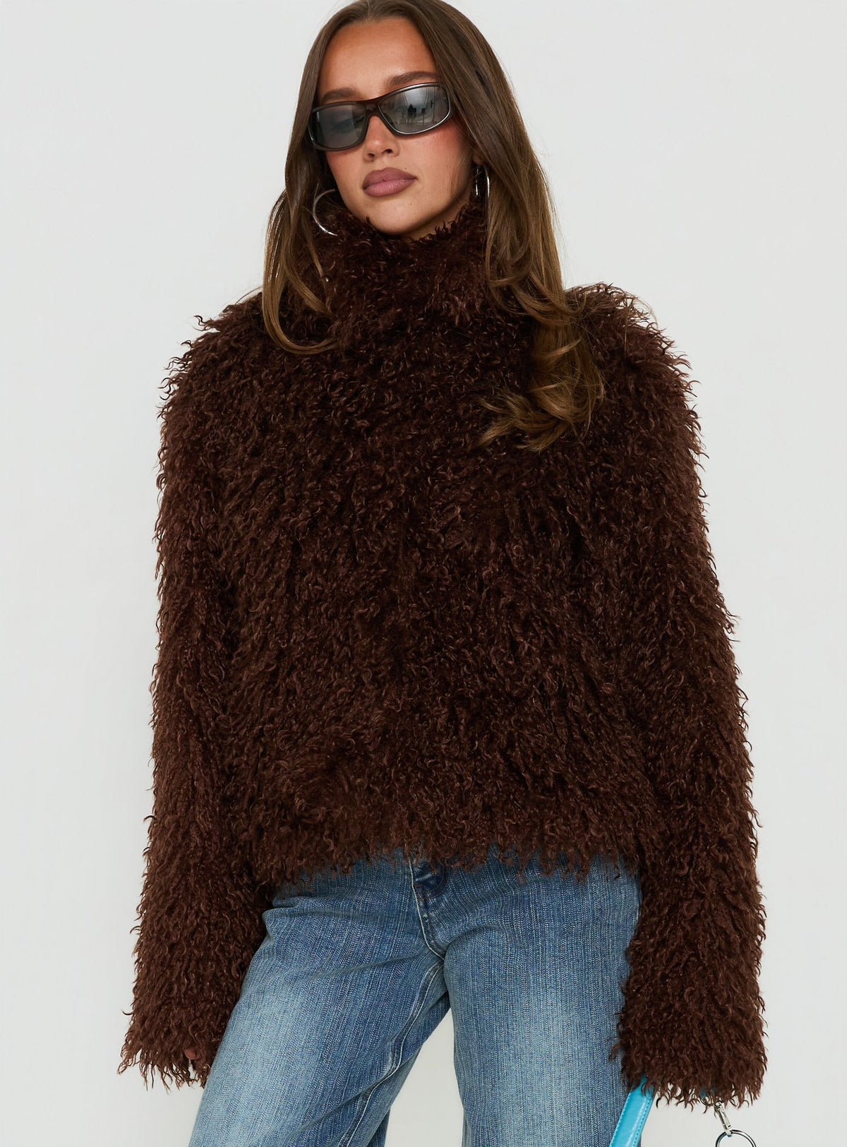 Kaiero Oversized Faux Fur Shag Jacket Brown