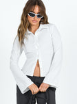 Long sleeve shirt Pinstripe print Classic collar Button fastening at front Flared sleeves