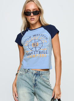 front view of model wearing Princess Polly South West Sports Graphic Top Blue Short Sleeves Crew Neck 