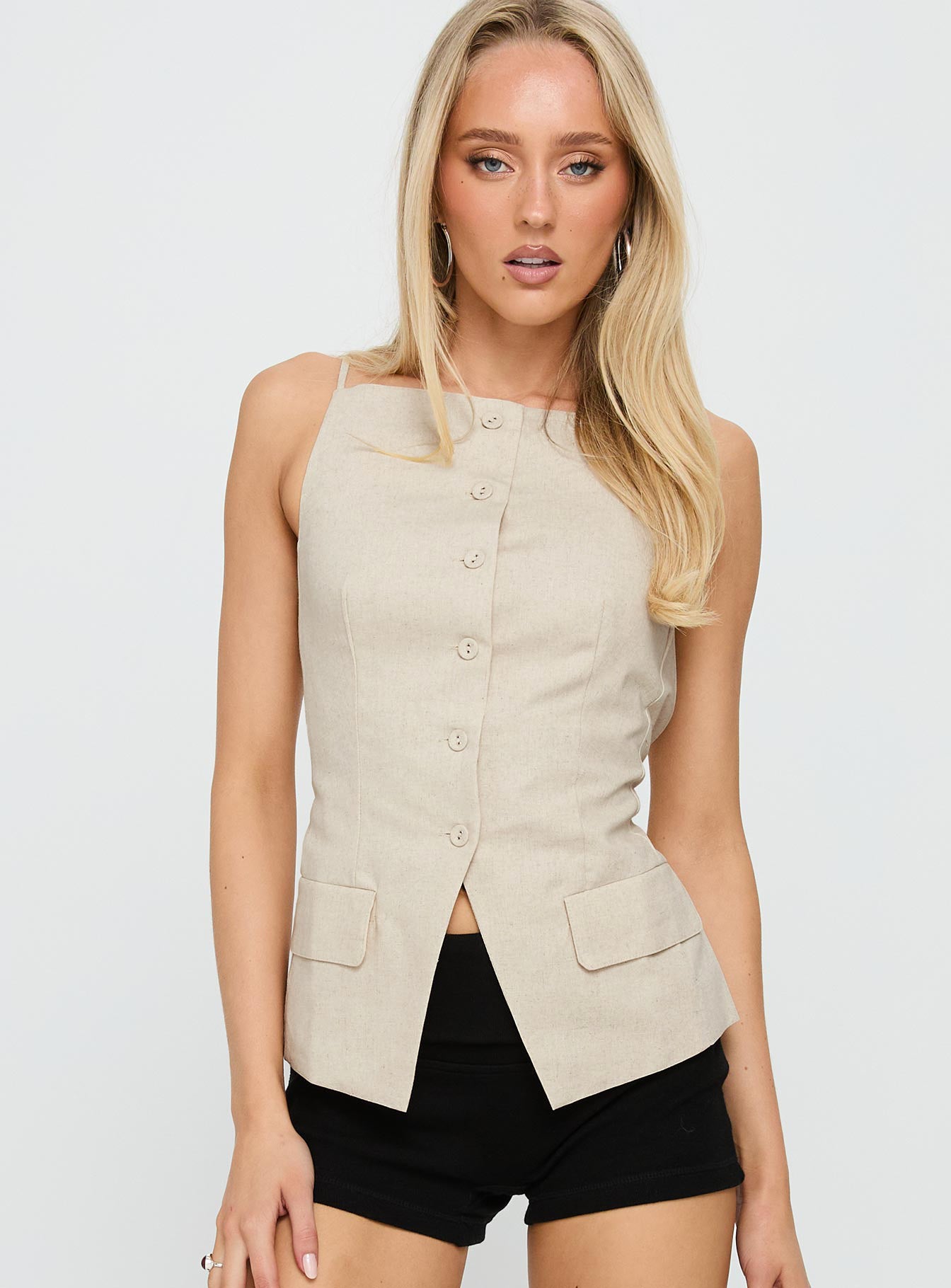Embark Button Up Top Beige