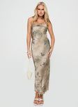 front view of model wearing Princess Polly Voices Strapless Maxi Dress Cream Floral Straight Neck 