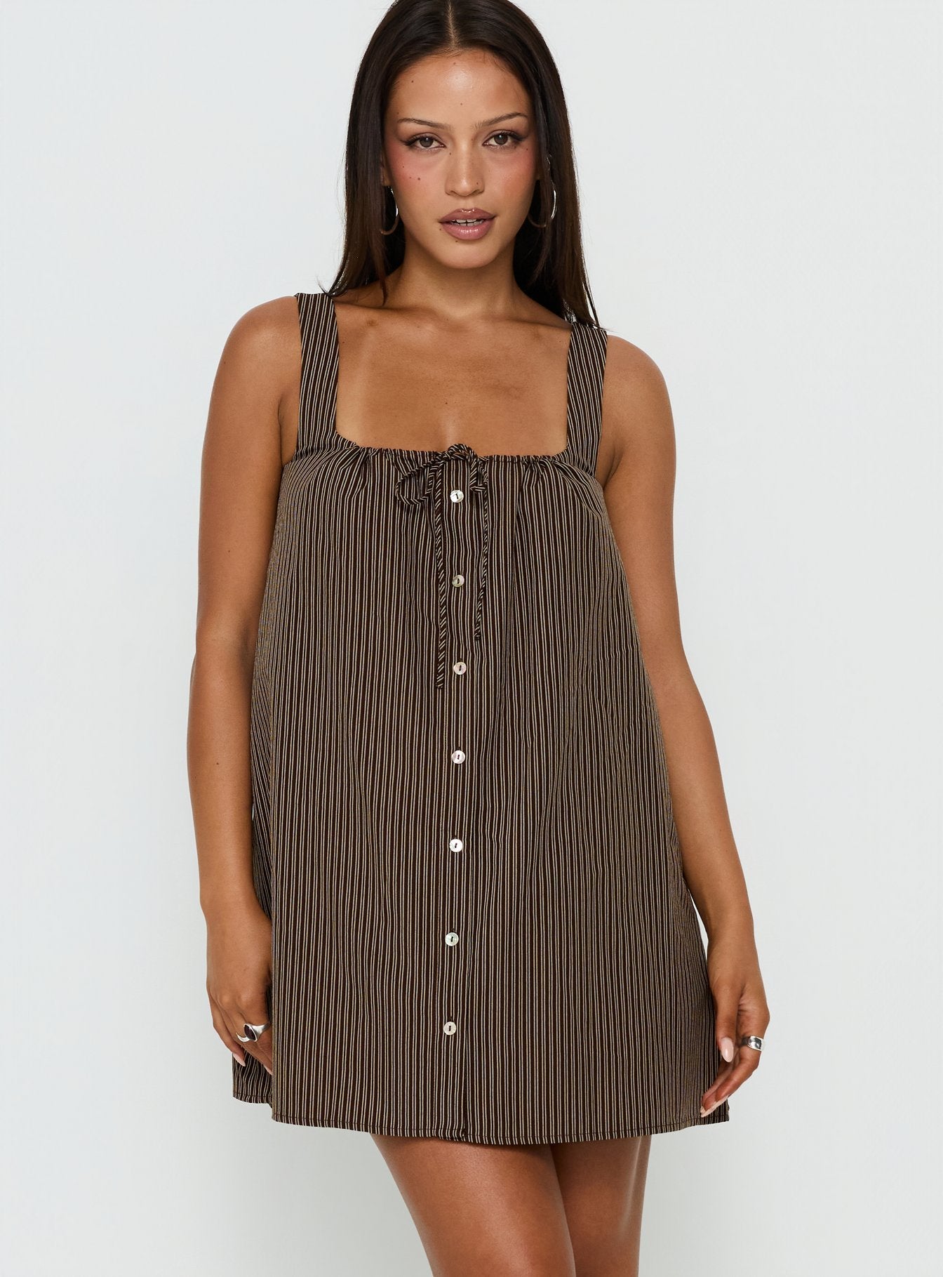 Bambalina Babydoll Mini Dress Brown Stripe | Princess Polly