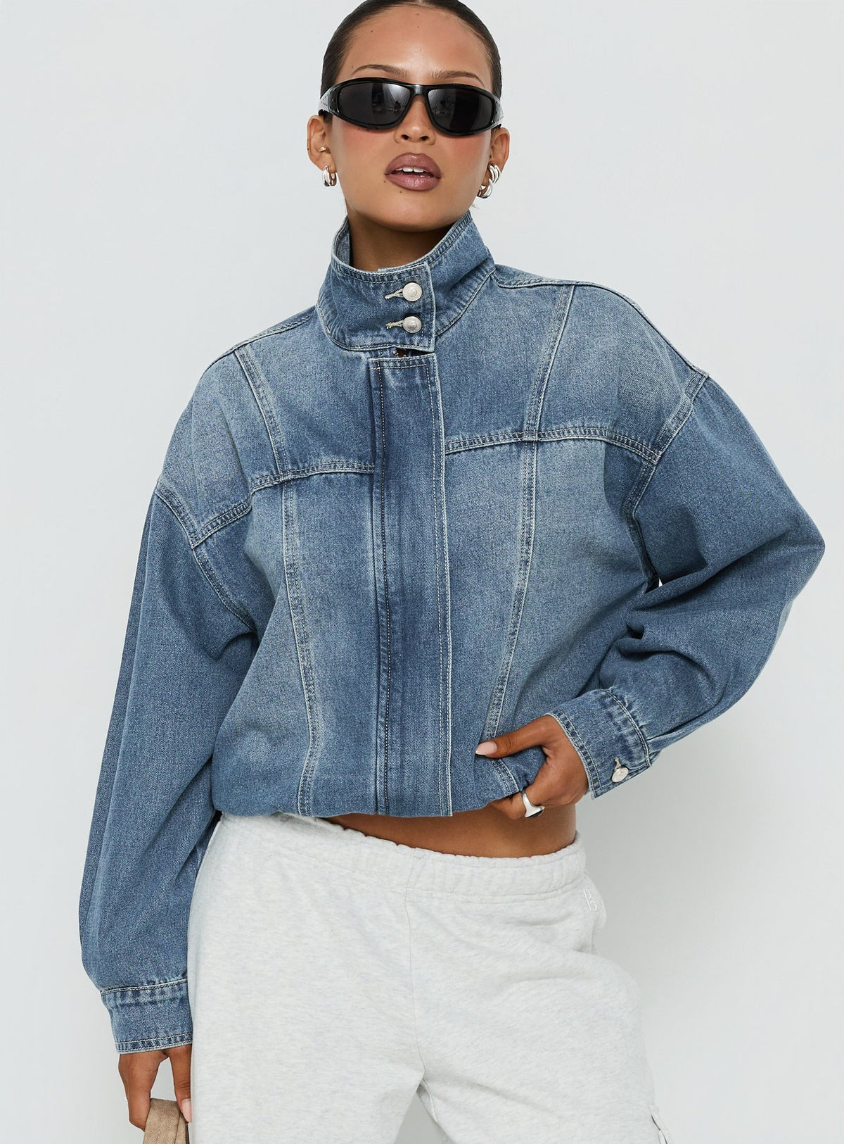 Polly Modil Alfea Funnel Neck Denim Bomber Jacket Mid Blue Wash | Princess Polly