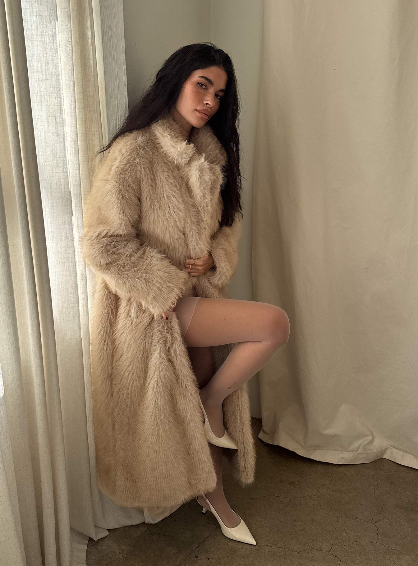 End Of Beginning Faux Fur Longline Jacket Beige | Princess Polly
