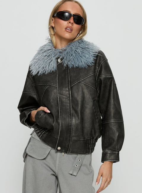 Brittanni Fluffy Collar Jacket Black / Blue