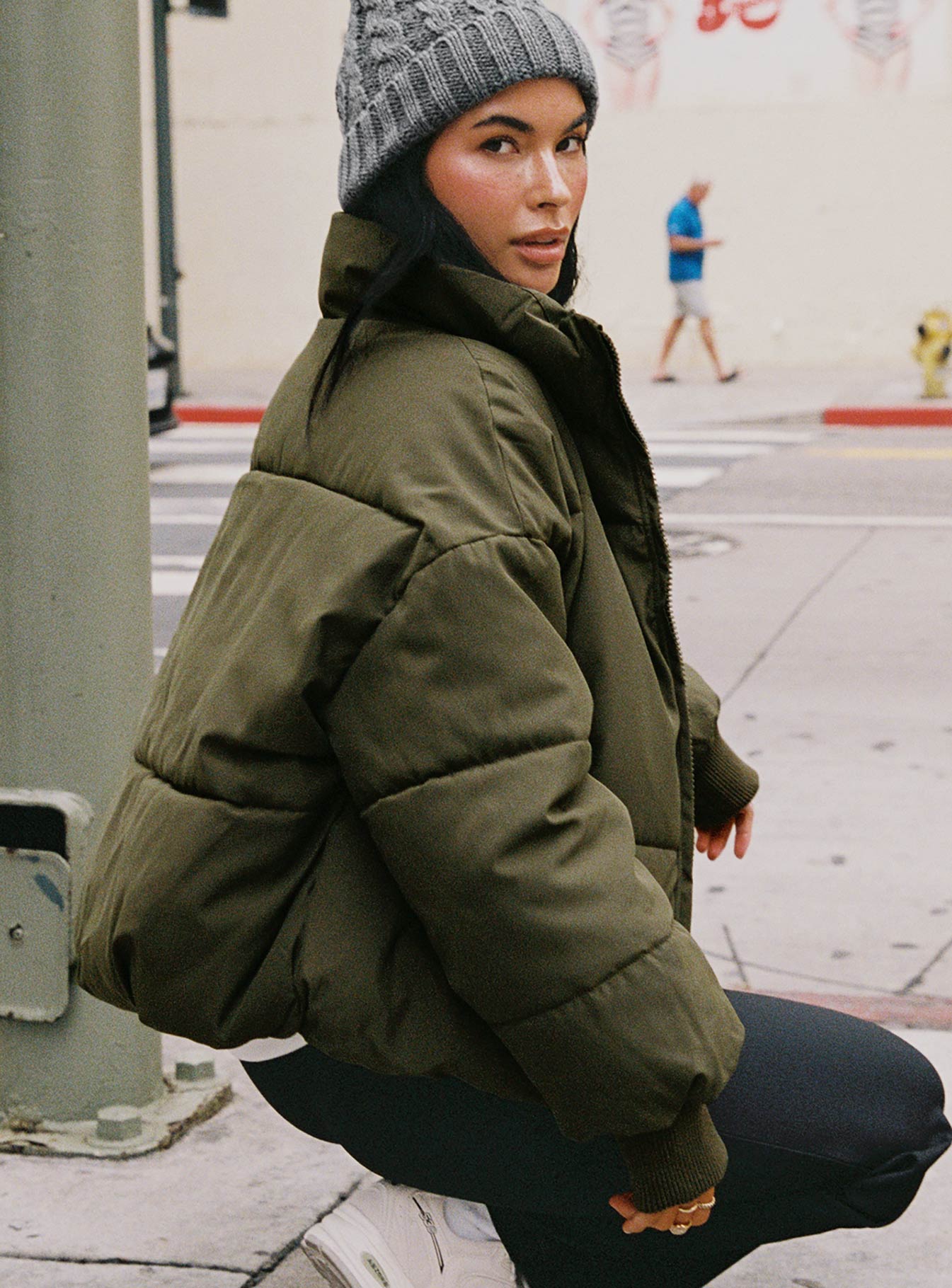 Khaki hooded puffer online jacket