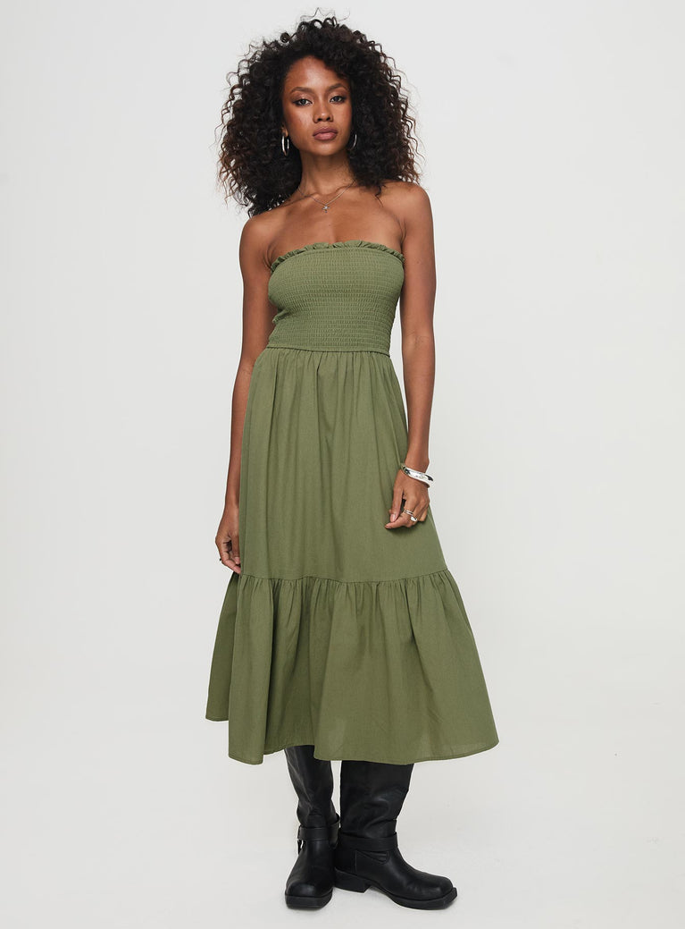 front view of model wearing Princess Polly Chani Strapless Maxi Dress Olive Straight Neck 