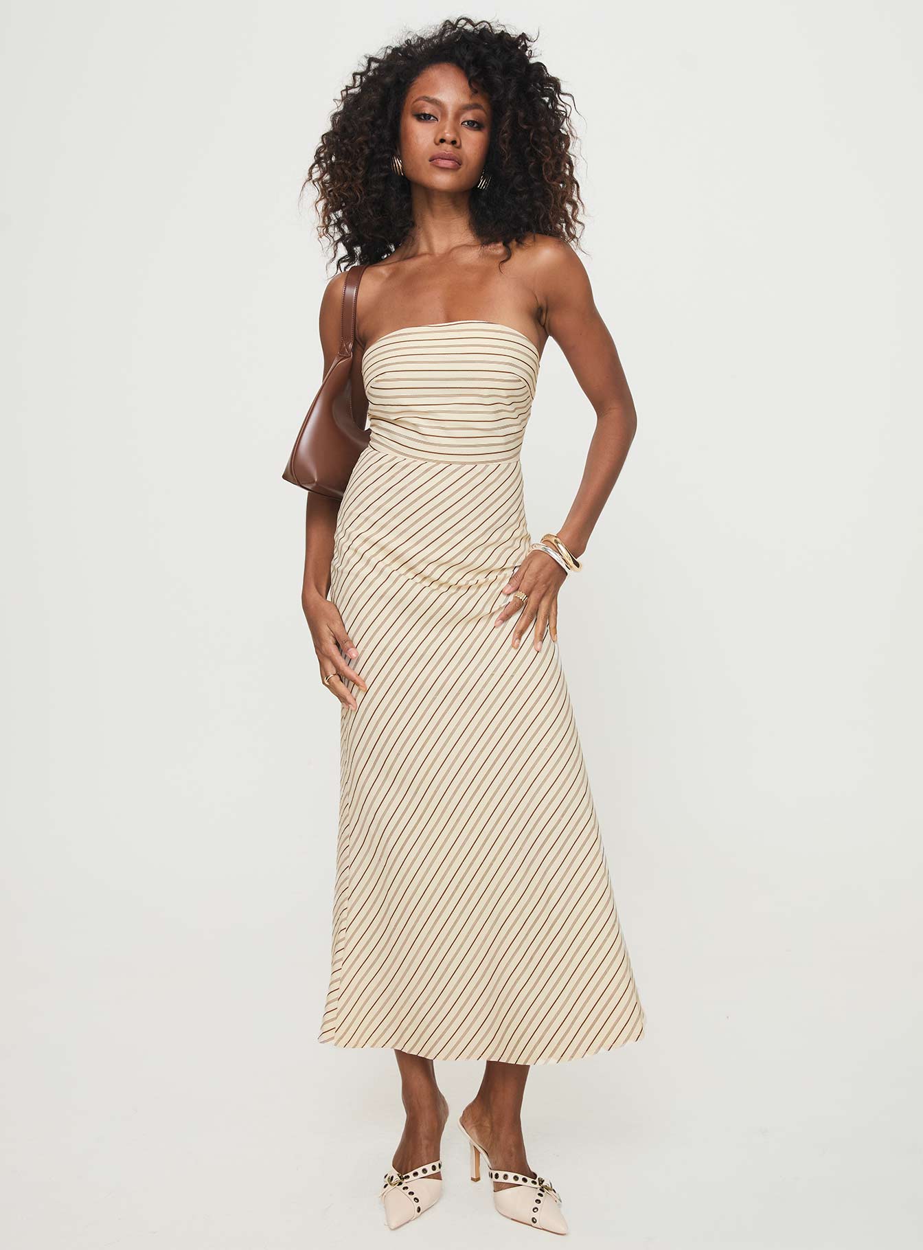 front view of model wearing Princess Polly Chrysa Strapless Maxi Dress Beige Straight Neck 