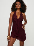 front view of model wearing Princess Polly Gina Asymmetric Mini Dress Burgundy Plunger 