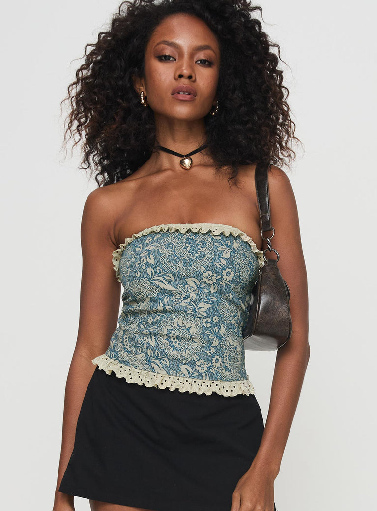 Corset top  Ruffle detail, floral print, invisible zip fastening, strapless style  Non-stretch material, unlined