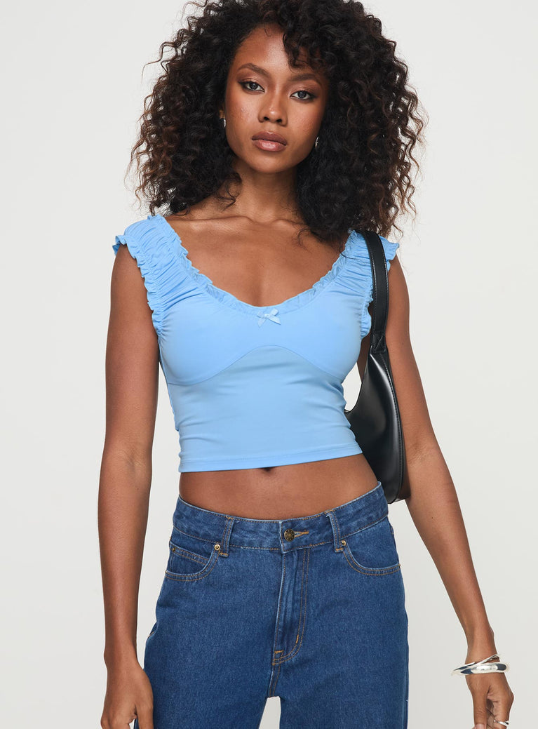 front view of model wearing Princess Polly Sharnee Top Blue Short Sleeves Scoop Neck 