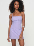 front view of model wearing Princess Polly Ebullient Lace Mini Dress Lilac Square Neck 