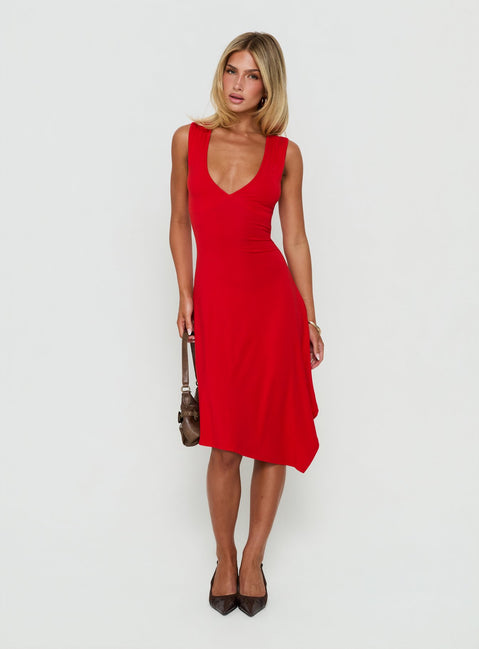 Louisia V Neck Hanky Hem Midi Dress Red