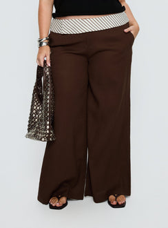 front view of model wearing Princess Polly Past Life Fold Over Waistband Pant Brown / Stripe Curve Mid Rise Pants 
