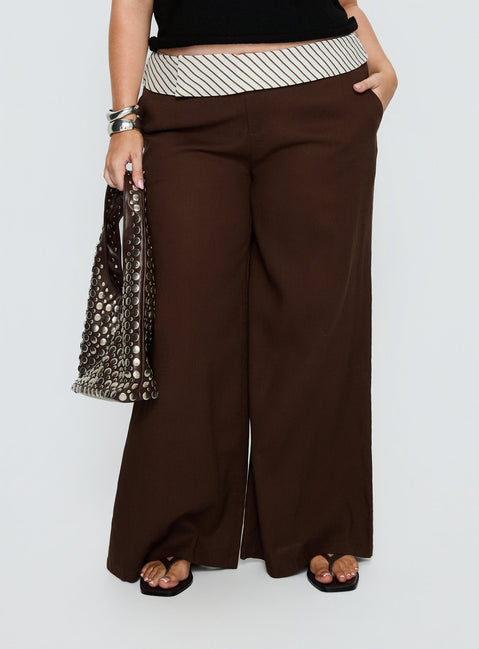 front view of model wearing Princess Polly Past Life Fold Over Waistband Pant Brown / Stripe Curve Mid Rise Pants 