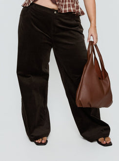 front view of model wearing Princess Polly Kenza Wide Leg Corduroy Pant Brown Curve Mid Rise Pants 
