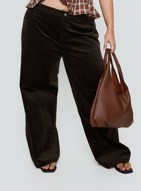 front view of model wearing Princess Polly Kenza Wide Leg Corduroy Pant Brown Curve Mid Rise Pants 