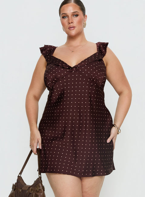 Kamillah Frill Mini Dress Curve | Burgundy Polka Dot | Womens