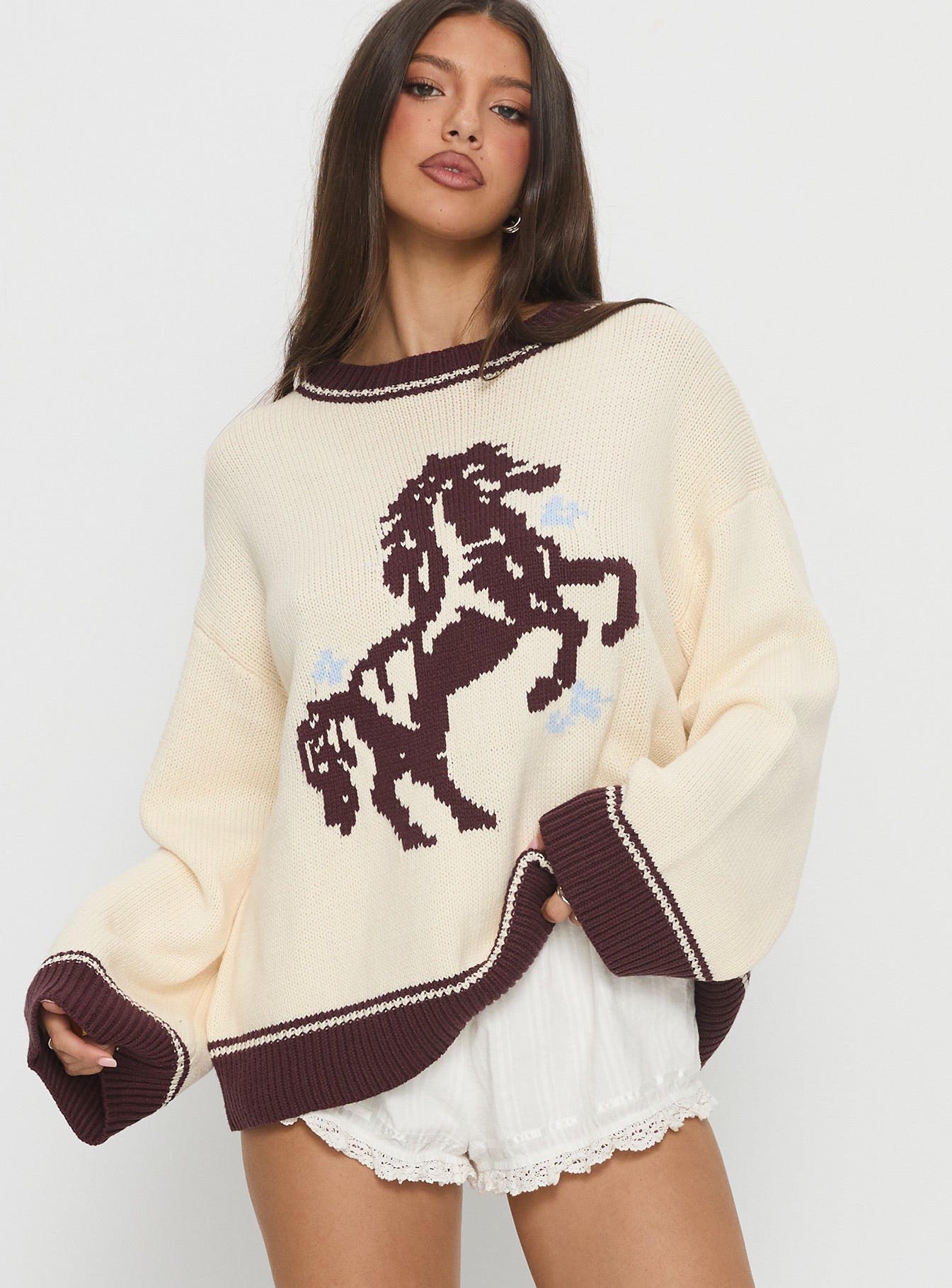 Rhianonn Horse Graphic Knit Sweater Cream / Brown | Princess Polly