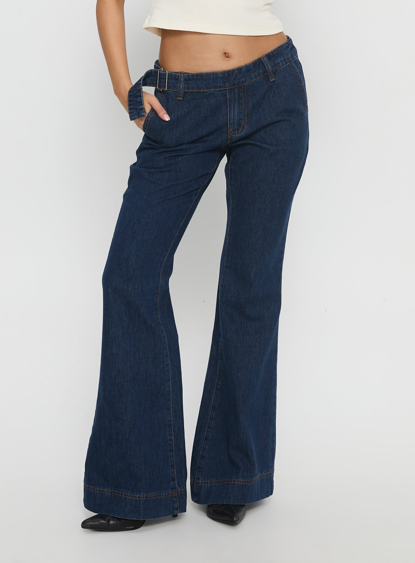 Acapulco Low Rise Flare Jeans | Dark Blue Wash | Womens | Princess Polly Acapulco Low Rise Flare Jeans | Dark Blue Wash | Womens | Princess Polly