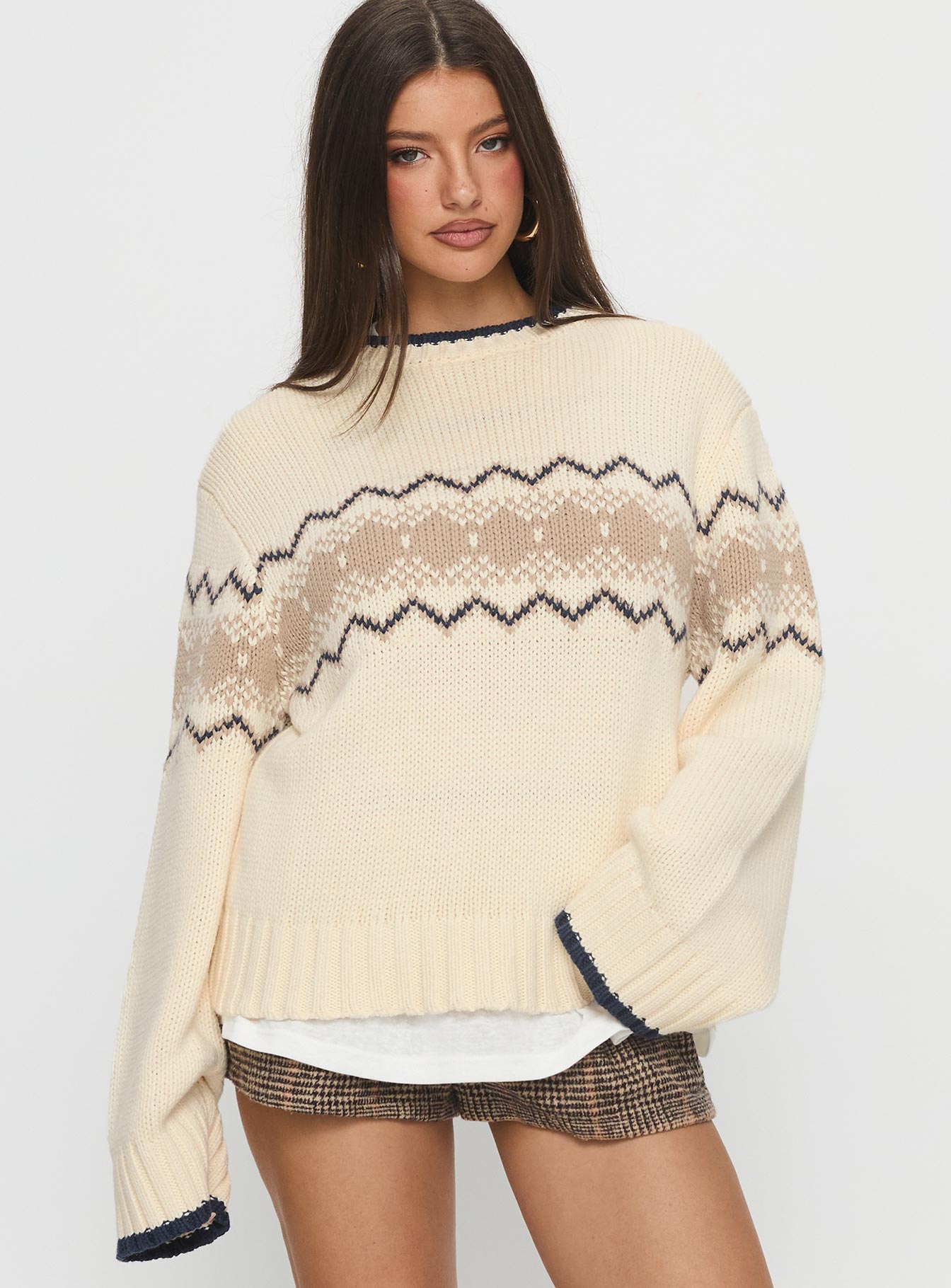 front view of model wearing Princess Polly Madalynn Knit Graphic Jumper Beige Long 